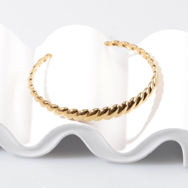 Fashion Stainless Steel 18K PVD Gold Twist Ring Bangle Bracelet Anti Tarnish Jewelry Sets Croissant Cuff Bracelet for Women