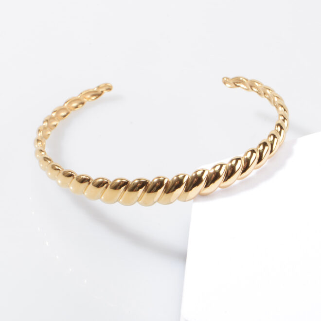 Fashion Stainless Steel 18K PVD Gold Twist Ring Bangle Bracelet Anti Tarnish Jewelry Sets Croissant Cuff Bracelet for Women - Image 3
