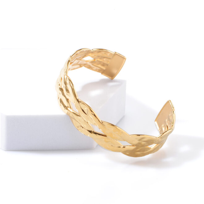 Brazalete dorado para mujer, grueso multicapa de alambre cruzado martillado, pulsera abierta hueca de moda ancha pulsera ajustable