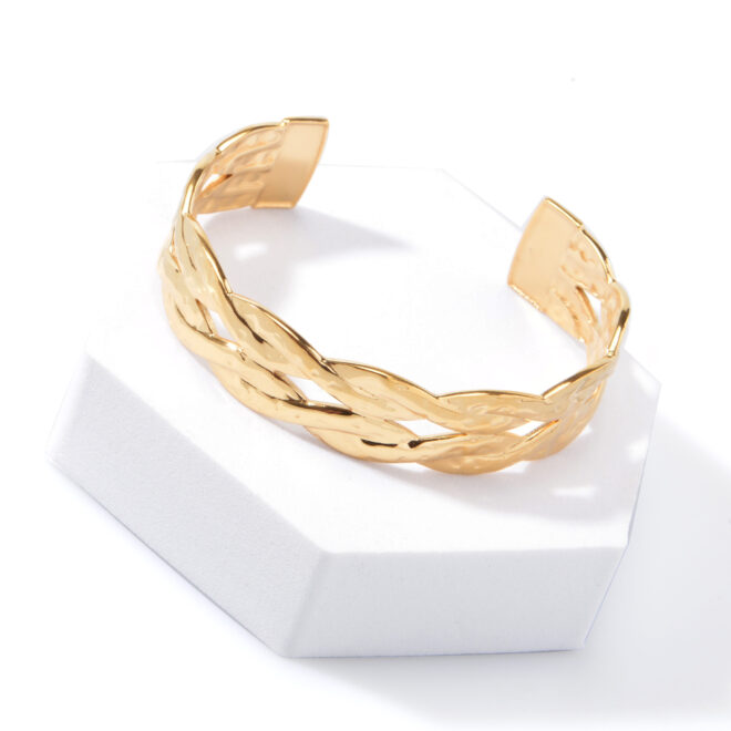 Brazalete dorado para mujer, grueso multicapa de alambre cruzado martillado, pulsera abierta hueca de moda ancha pulsera ajustable - Image 5