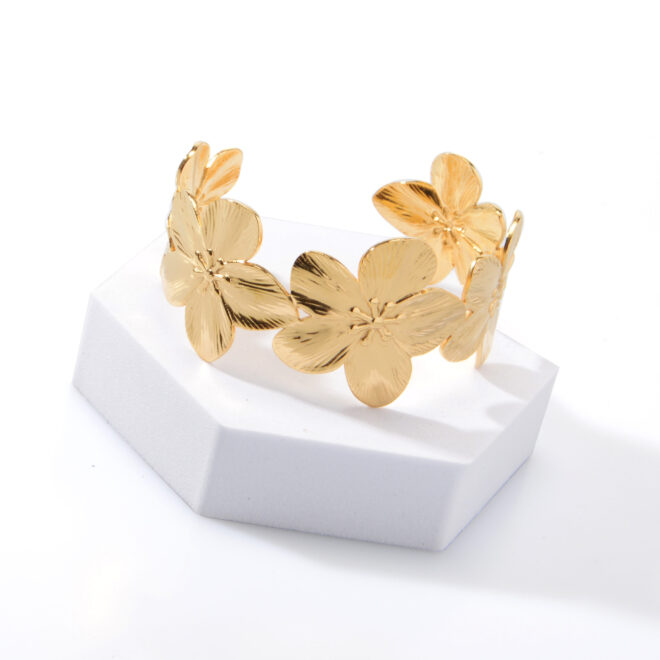18K Gold Plated Flowers Necklace Rings and Earrings Gift Stainless Steel Hammer Statement Flower Jewelry Set