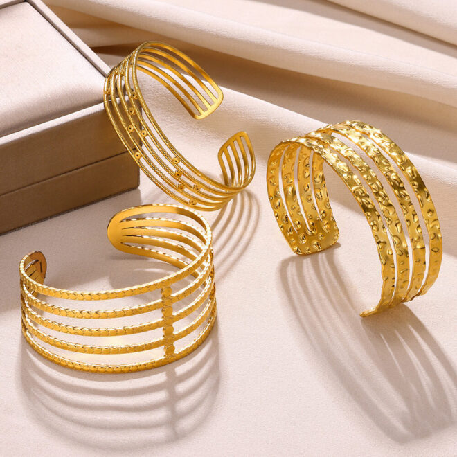 Chunky Gold Cuff Bracelet Set Modern Geometric Designs Open Bangle Collection Adjustable Size Stylish Wrist Accessories - Image 7