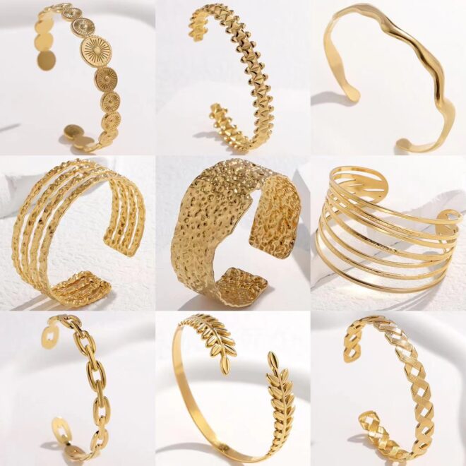 Chunky Gold Cuff Bracelet Set Modern Geometric Designs Open Bangle Collection Adjustable Size Stylish Wrist Accessories - Image 3