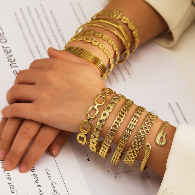 Chunky Gold Cuff Bracelet Set Modern Geometric Designs Open Bangle Collection Adjustable Size Stylish Wrist Accessories - Image 4