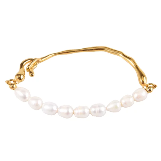 14k Gold Plated Chain Square Shape Freshwater Pearl Beads Adjustable Bracelet - Image 5