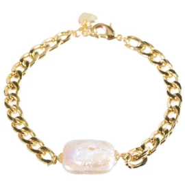 14k Gold Plated Chain Square Shape Freshwater Pearl Beads Adjustable Bracelet