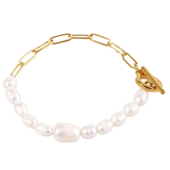 14k Gold Plated Chain Square Shape Freshwater Pearl Beads Adjustable Bracelet - Image 3