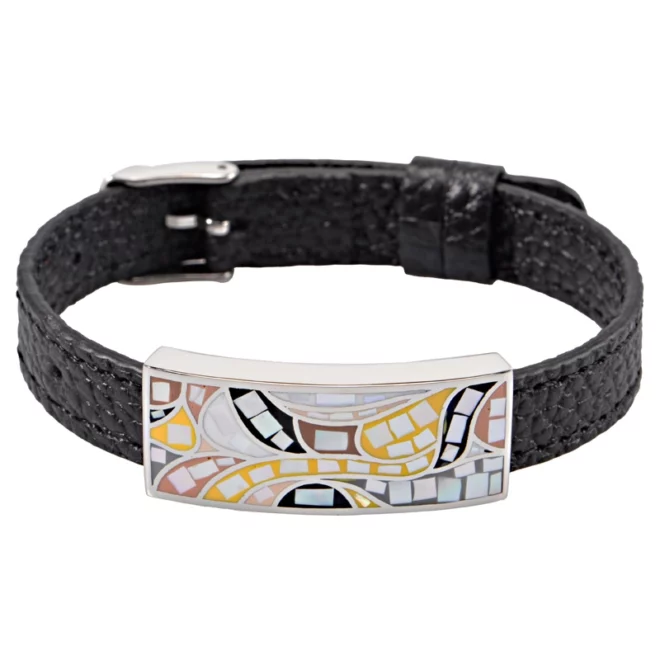 Adjustable Leather Bracelet with Multicolor Enamel Inlay – Trendy Stainless Steel Accent - Image 3
