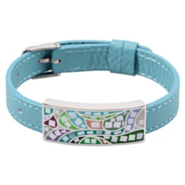 Colorful Enamel Stainless Steel Bracelet with Blue Leather Strap – Artistic Fashion Jewelry
