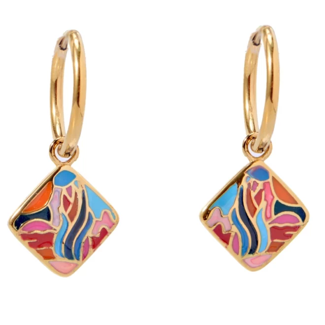 Gold-Plated Stainless Steel Earrings with Abstract Face Design – Enamel Accent - Image 2