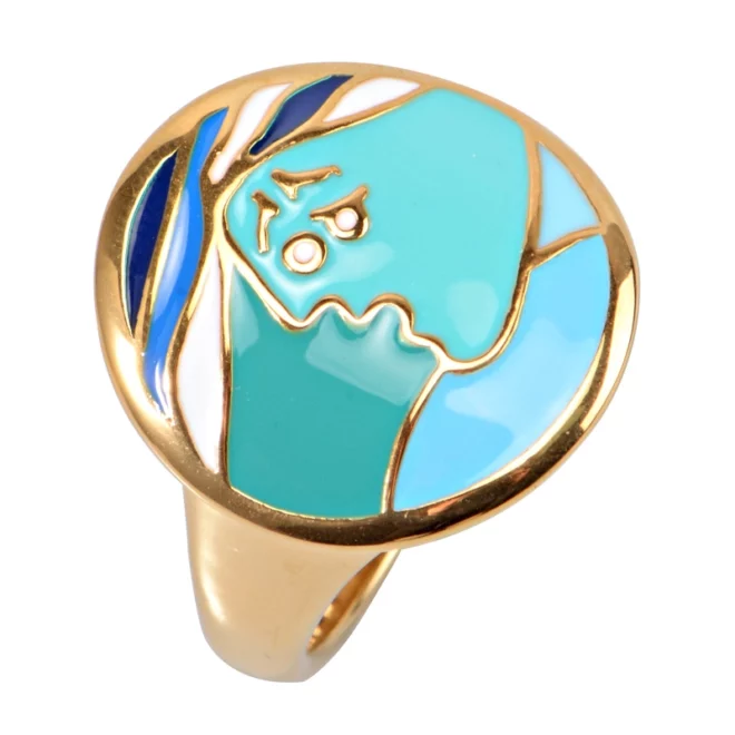 High Quality Abstract Face Gold Statement Ring – Enamel Art Design for Women - Image 2