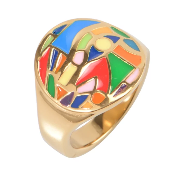 Vintage Inlaid Hardstone, Diamond and Gold Ring by Oudisi - Image 2