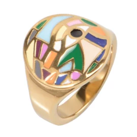 Vintage Inlaid Hardstone, Diamond and Gold Ring by Oudisi