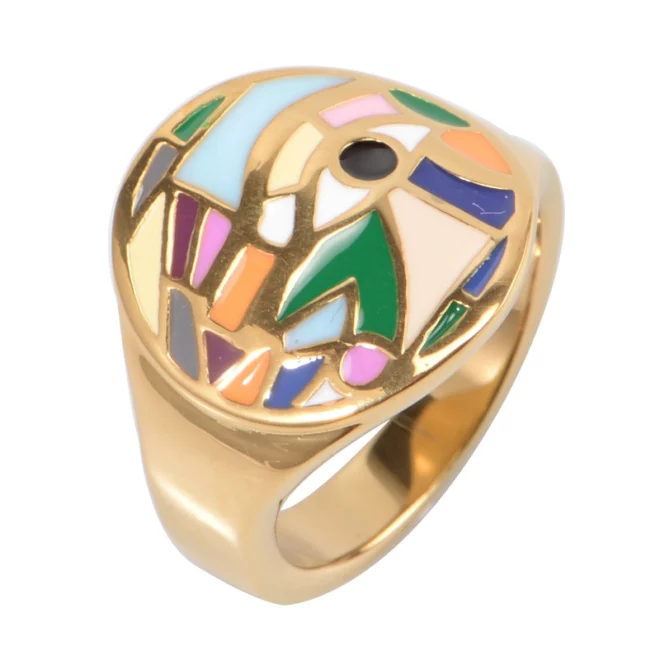 Vintage Inlaid Hardstone, Diamond and Gold Ring by Oudisi