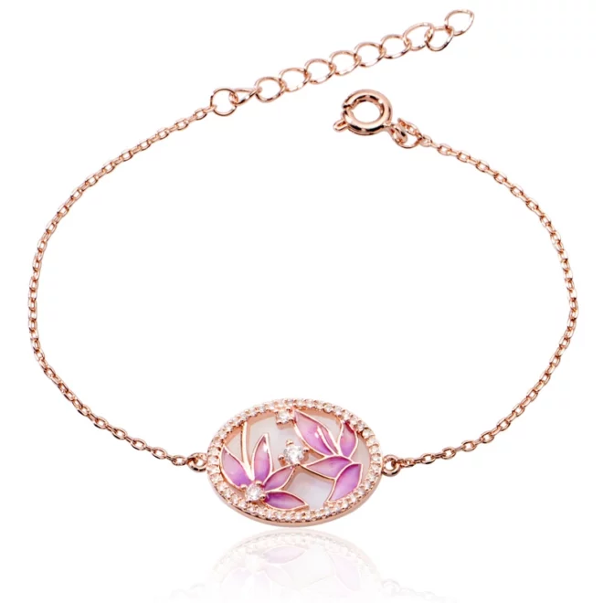 2.06g French Vintage Imitation Pearl Dripping Oil Bracelet Light Luxury Enamel Senior Flower Pendant 18K Gold Plated Silver