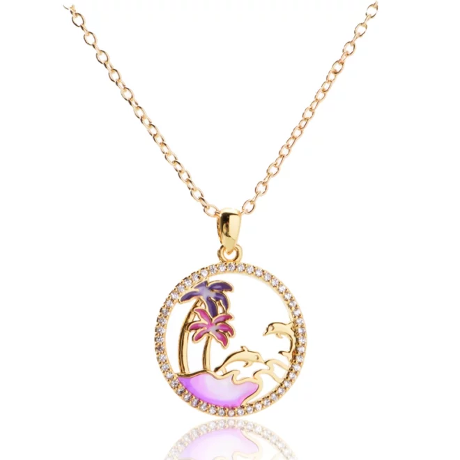 1.93g Exquisite Dolphin and Sea Wave Round Pendant Necklace - Image 2
