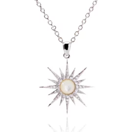 2.06g Sterling Silver Freshwater Cultured Pearl & Lab-Created White Sapphire Celestial Pendant Necklace