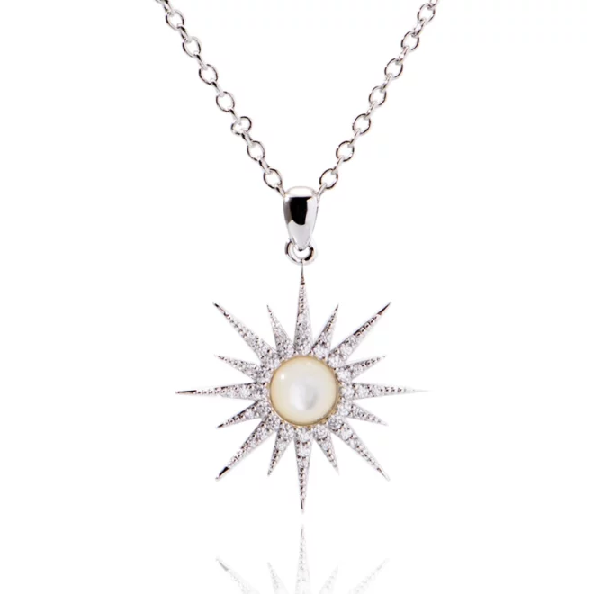 2.06g Sterling Silver Freshwater Cultured Pearl & Lab-Created White Sapphire Celestial Pendant Necklace