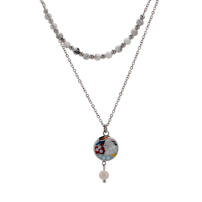 Trendy Double Layer Necklace – Abstract Face & Pearl Pendant in Stainless Steel - Image 4