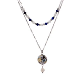 Trendy Double Layer Necklace – Abstract Face & Pearl Pendant in Stainless Steel