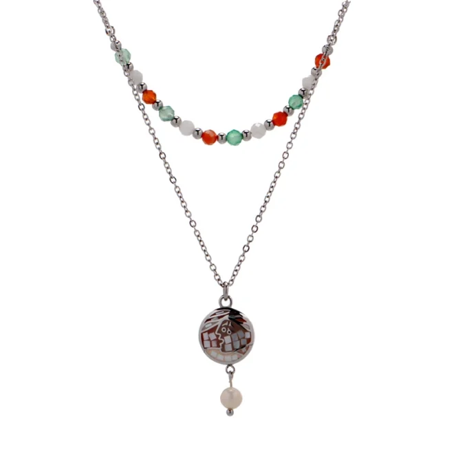 Layered Bone Face Pendant Necklace – Stainless Steel Chain with Pearl Drop