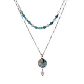 Pop Art Skull Face Layer Necklace – Stainless Steel with Beads & Pearl Accent