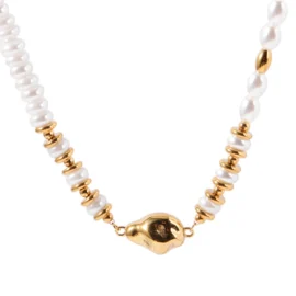 Natural Freshwater Pearls Choker Necklace Waterproof Gold Plated Stainless Steel Bead