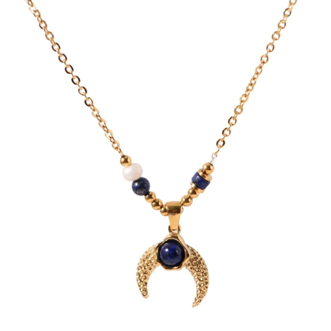Newest INS Style Stainless Steel Natural Gemstones Jewelry OX Horn Pendant Necklace