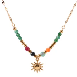 Dainty 18K Gold Stainless Steel Handmade Colorful Green Bead Natural Stones Sun Pendant Necklace