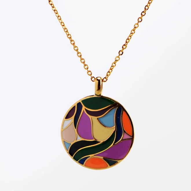 Enamel Pendant Necklace Pierced Earring Set Snake Chain Open Circle - Image 5