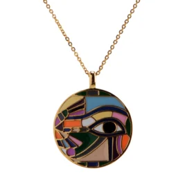 Vintage Egyptian EYE OF HORUS Cabochon Glass Stainless Steel Pendant Necklace Gift