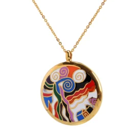 Colorful Abstract Art Pendant Necklace – Gold Stainless Steel | Modern Statement Jewelry | Bold Gift for Her
